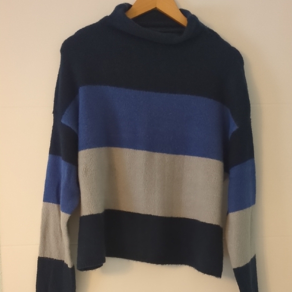 Cliche mock neck color block Striped Blue and Gray Women's Sweater wool mix XL - Picture 1 of 4